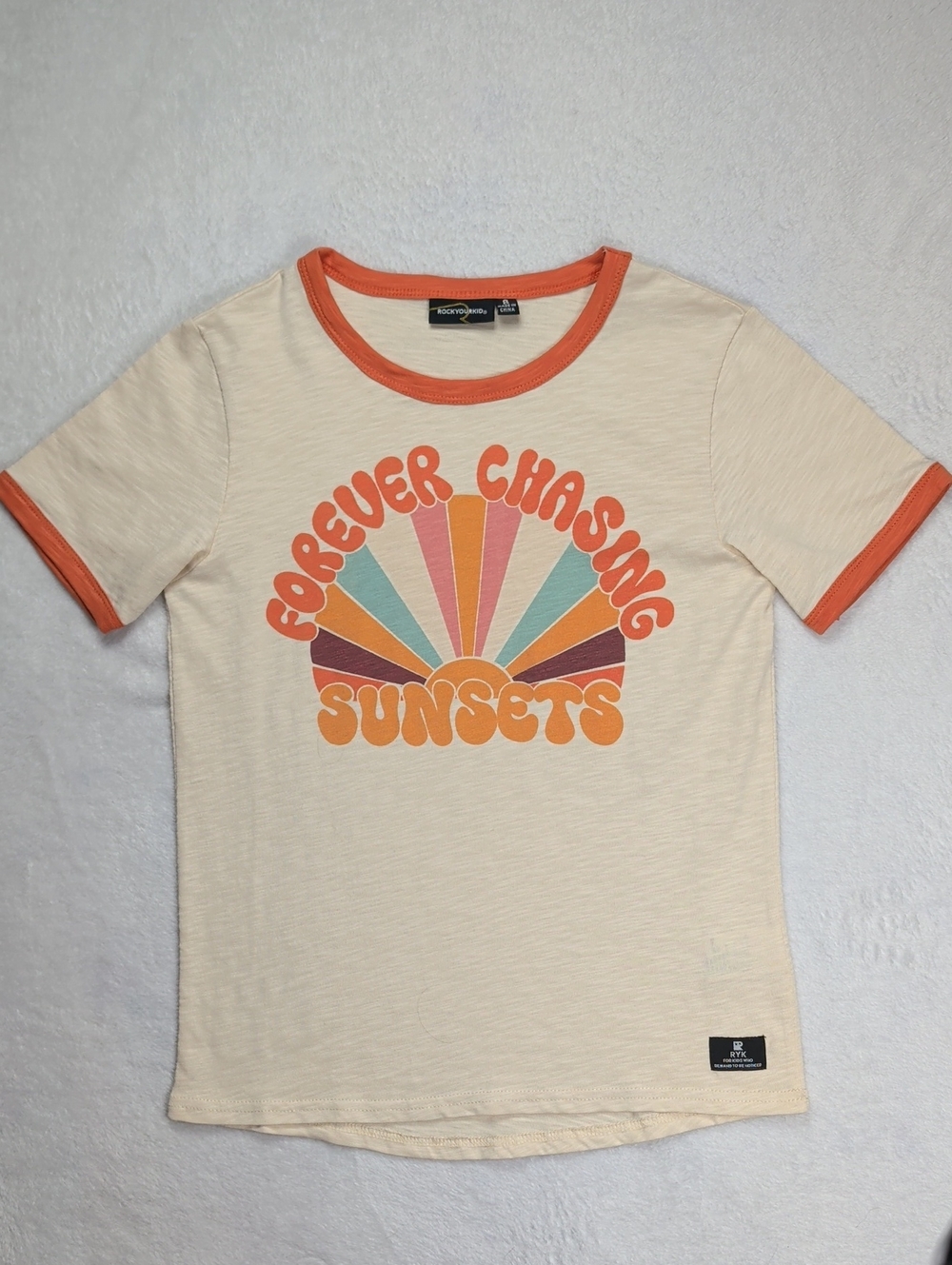 Rock Your Kid Chasing Sunsets Cotton Graphic Ringer T-Shirt Oatmeal Size 8